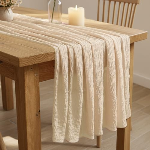 aboveBED 85cm X 300cm Musselin Käsetuch Tischläufer Beige Creme, Boho Waschbar Tischdeko Tischband für Hochzeit, Geburtstag, Kommunion, Taufe, Party, Valentinstag, Weihnachten und Silvester Dekor