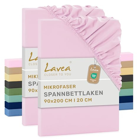 Lavea® Spannbettlaken 90x200 cm aus Mikrofaser, Bettlaken mit Rundumgummi, für Matratzen bis 20 cm, atmungsaktiv und kühlend, pflegeleicht, Spannbetttücher, 2er Set, Rosa
