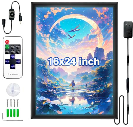 MAOBYGO LED-Posterrahmen, 40,6 x 61 cm, beleuchteter Bilderrahmen mit Fernbedienung und manueller Steuerung, versteckte Haken, Aluminiumprofil-Schnapplichtbox, ideal für Filmposter, Werbung, Display
