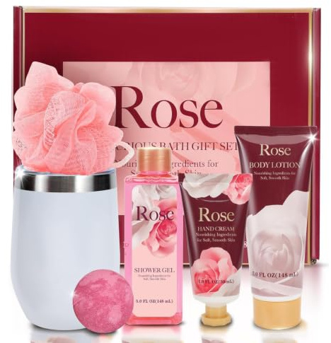 SPA LUXETIQUE Bath Gift Sets for Women, Mothers Day Gifts for Her, Mum, 6pcs Rose Luxury Spa Gifts Box with Body Lotion, Shower Gel, Tumbler, Pamper Gift Sets, Birthday Gifts for Women, Girlfriend