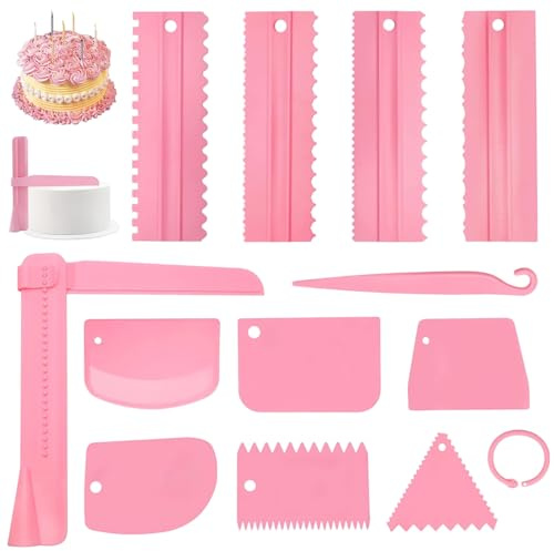 HJ-fuzhou Lisseur Gateau, 12 Pièces Racloir Gateau, Ensemble Grattoir à Gâteau, Lisseur à Gâteau Décoration, Spatule à Gâteau et Coupe Pate en Plusieurs Tailles pour Outils de Cuisson DIY(Rose)