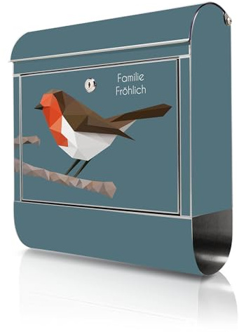 banjado Briefkasten Edelstahl personalisiert 38x43x12cm & 2 Schlüssel - rostfreier Edelstahl Briefkasten mit Zeitungsfach - Postkasten A4 Einwurf inkl. Montagematerial - Motiv Abstrakter Vogel