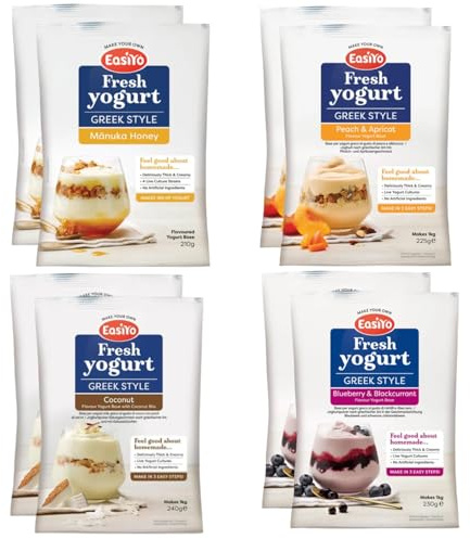 EasiYo Joghurt 8er-Sachet-Packung | Griechische Art Mischpackung | 2 x M?nuka-Honig, 2 x Pfirsich & Aprikose, 2 x Blaubeere & Schwarze Johannisbeere, 2 x Kokosnuss | Jeder Beutel ergibt 1 kg Joghurt