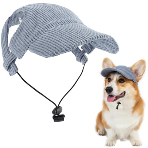 Hunde-Sonnenhut Mit Ohrlöchern, Verstellbarer Haustier Baseballmütze, Cord Hunde Schirmmütze, Cappy für Sommer & Herbst, Sonnenschutzhut für Welpen und Katzen (blau, Größe S)