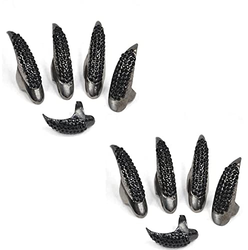 Beauty7-10 STK Damen Modetrend Bling Bling Vintage 3D Gothic Punk-Stil Kristall Strass Krallen Prote Talon Fingerring Fingernagel Ring Nagelring Cosplay Dekoration-Schwarz-S/M/L