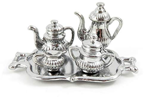 Dolls House Miniature Dining Room Accessory Silver Tea Coffee Set & Tray