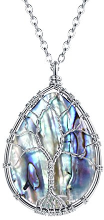 FOCALOOK Collier Femme Arbre de Vie Plaqué Or Blanc Chaîne Pendentif Goutte d'eau avec Coquillage Coloré Bijou Religieux