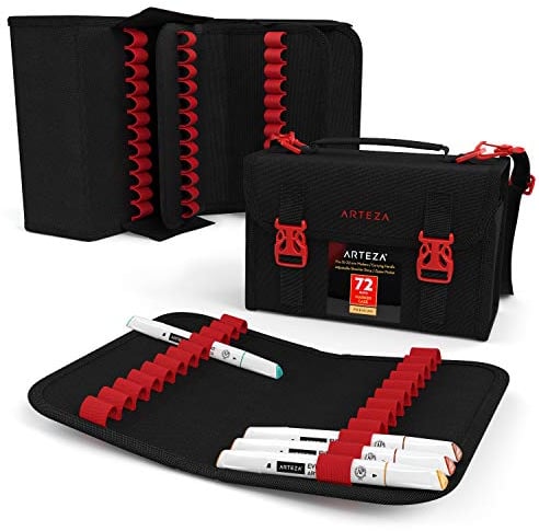 ARTEZA Art Markers & Pens Organizer (72 Slots), Carrying Case for Travel & Storage with Zipper Pocket, Handle, Removable & Adjustable Strap