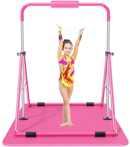 Safly Fun Expandable Gymnastics Bars Junior Training Bar Gymnastic Folding Horizontal Bars with mat for Kids (Pink with Mat)