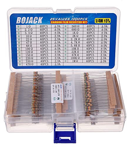 BOJACK Kit de résistances 1 Ohm - 1 m Ohm 1/4 W Film carbone Resistor Kit (25 valeurs 1000 pièces)