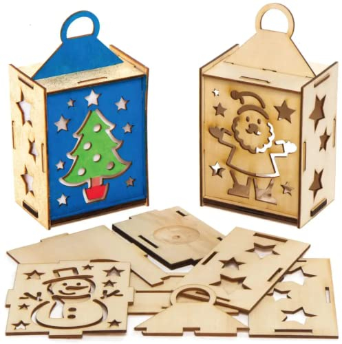 Baker Ross AX557 Weihnachten Laterne Bastelset aus Holz - 3er Pack, Holzlaterne für Mädchen zum Basteln und Bemalen