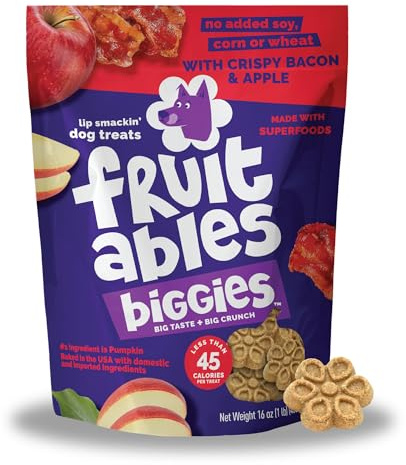 Fruitables Biggies Dog Biscuits, Healthy Treats for Dogs, Pumpkin Doggie Biscuits, Crunchy Treats, Made Without Wheat, Corn and Soy, Made in the USA, Crispy Apple and Bacon Flavor, 16oz
