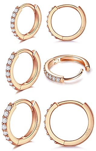 LIHELEI Orecchini a Cerchio in Argento Sterling 925 per Donna, Orecchini a Polsino Orecchini a Bottone Cartilagine di Orecchini per Donna Ragazze-3 paia di oro rosa