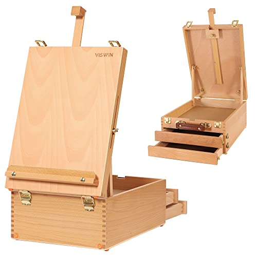 VISWIN Large Tabletop Easel Box with 3 Storage Drawers, Adjustable Portable Beech Wood Desktop Easel for Painting, Drawing, Plein-Air Art Sketchbox for Adults, Artists, Beginners, Hold Canvas to 25