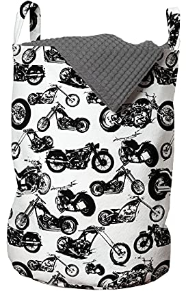ABAKUHAUS Motorcycle Laundry Bag, Retro Chopper Design, Hamper Basket with Handles Drawstring Closure for Laundromats, 13 x 13 x 19, Black White