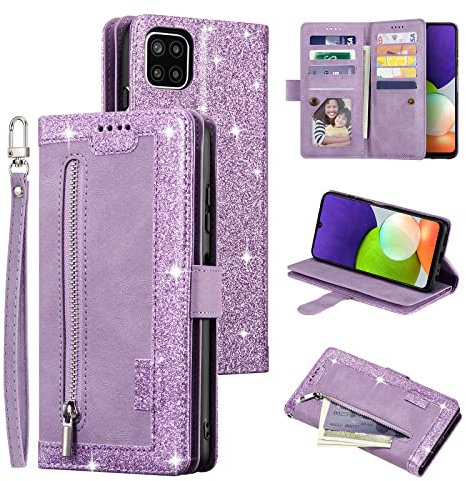 UEEBAI Coque pour Samsung Galaxy A22 5G, Etui en Cuir PU Portefeuille Rétro Antichoc Flip Case Anti-Choc Housse avec Fentes de Cartes Fonction Support, Fermeture Magnétique - Violet Pailleté