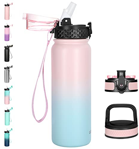 GOPPUS Botella Agua Acero Inoxidable 600ml/20oz con Pajita Botella Deportiva Aislada Frasco Frío con Pajita Botellas Agua Metal Abatibles Doble pared Termo a Prueba Fugas para Gimnasio con 3 Tapas