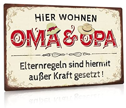 Putuo Decor Metallschild Hier wohnen Oma & Opa Elternregeln außer Kraft gesetzt Vintage Blechschild Großeltern Familie Retro Wanddekoration