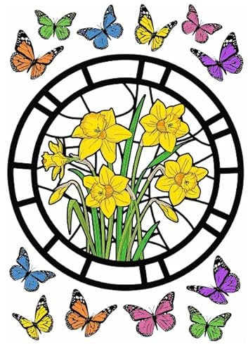 Stained Glass Daffodil Poppy Flower Butterfly Window Stickers Also Stops Birds Hitting Window (Daffodil) size-A4-2 Pages.