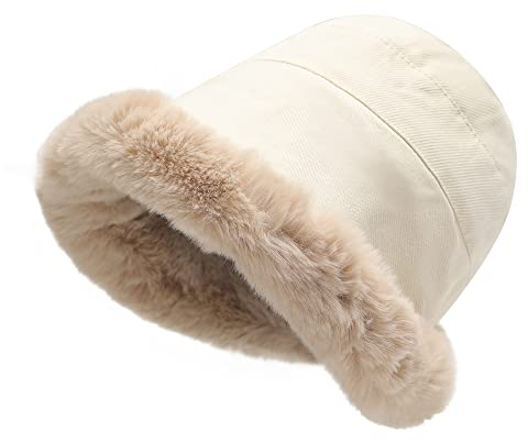 ZLYC Damen Winter Fischerhüte Hut Kunstpelz Cloche Hut mit Fleece Futter(Einfarbig Weiß)
