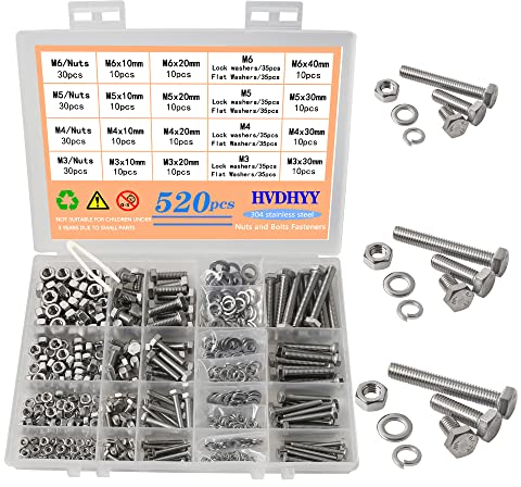 HVDHYY Schrauben und Mutter set M3 M4 M5 M6 Sechskantschrauben DIN 933 A2-70 Edelstahl Gewindeschrauben Unterlegscheiben Nuts und Bolts 16 Größen mit Wiederverwendbaren Aufbewahrungsbox 520pcs