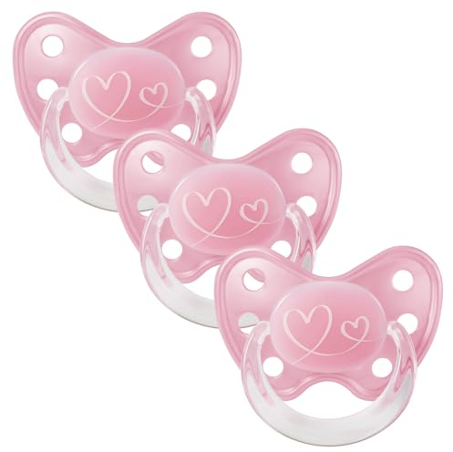 dentistar Latex Schnuller 3er-Set - Größe 3, ab 14 Monate - Zahnfreundlicher Naturkautschuk Nuckel mit Dentalstufe – BPA-frei - Made in Germany - Herz, Rosa