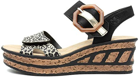 Rieker Ladies Buckle Detailed Wedge Sandal 68176-00 - Black Combination Synthetic - UK Size 7.5 - EU Size 41 - US Size 9.5