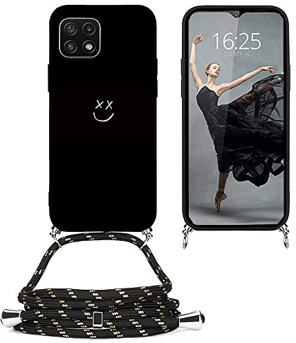 EuoDuo Kompatibel mit Samsung Galaxy A22 5G Hülle mit Band Handyhülle Handykette Schwarz Silikon Muster Motiv Schutzhülle Kordel zum Umhängen Necklace Halskette Cover - Lächeln