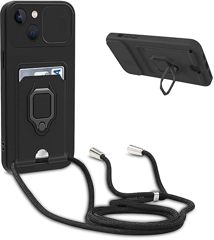 YFSYLL Funda con Cuerda Compatible con iPhone 13,Ajustable Collar de Cuello Cordón Carcasa de Silicona,Protección de la cámara Funda,Anillo Soporte,Ranuras para Tarjetas,Negro
