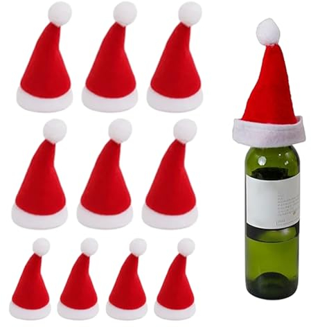 BUNIQ -Weihnachtsmannmützen zum Basteln,Weihnachtsmützen Lollipop Silberbesteckhalter - 10 Stück Weinflaschen-Hüte, Weihnachtsmann-Mütze, Stiftkappen, Flaschendeckel-Abdeckung