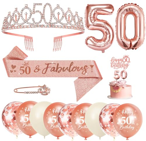 50. Geburtstag Schärpe und Krone/Tiara, Luftballons mit Zahlen und Konfetti, Geburtstagskerzen mit Zahlen, Happy Birthday Tortendeko für Frauen