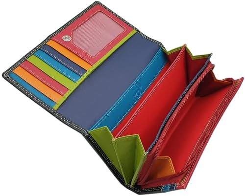 myledershop Große Rind-Nappa Leder Damen Geldbörse/Geldbeutel/Portemonnaie/Geldtasche mit RFID & NFC Schutz Mehrfarbig (Schwarz)