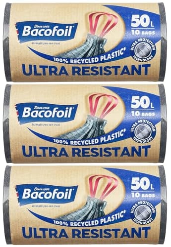 Bacofoil Ultra Resistant Bin Liners with Drawstring Handles 50L - Leak-Proof and Tear Resistant Bin Bag with Ultra Protection Technology (3 Rolls, 30 Bags)…