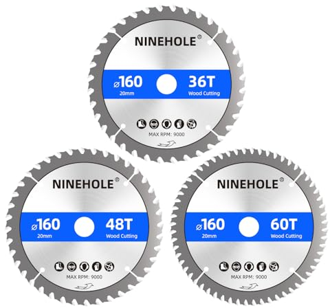 Ninehole 3pcs Lames de scie circulaire 160 x 20 mm (anneau 16 mm), 36/48/60 dents Coupes propres, Disque à Tronçonner pour Bois, Sèche, Stratifié, Cloison, Contreplaqué, Plastique