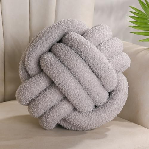 Yhoelata Knotenkissen, Dekokissen Grau, Zierkissen Aesthetic Sofakissen aus Teddysamt, Bett Deko Kissen Runden für Kind Schlafzimmer, Geschenk 28 cm
