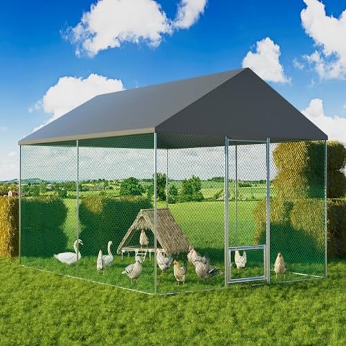 BingoPaw Hühnerstall Hühner Freilaufgehege XXL: 3x4x2.7m begehbar Hühnergehege 12 m² Hühnerhaus mit Sonnenschutz Dach und Tür Aussengehege Geflügelstall für Hühner Enten Gänse