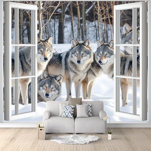 Tier Wolf im Schnee Art Fototapete Tapete 200 x 140 cm Vlies Tapeten Moderne Wandtapete Wohnzimmer Schlafzimmer Study Wohnzimmer Restaurant Cafe Dekoration, 3D-Imitationsfenster