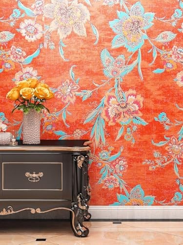 FunStick Orange Red Self Adhesive Wallpaper Floral Vintage Tropical Floral Wallpaper for Bathroom Watercolor Sticky Back Plastic Patterned Waterproof Orange Red Vinyl Wrap Flowers for Walls 44.5CM×3M