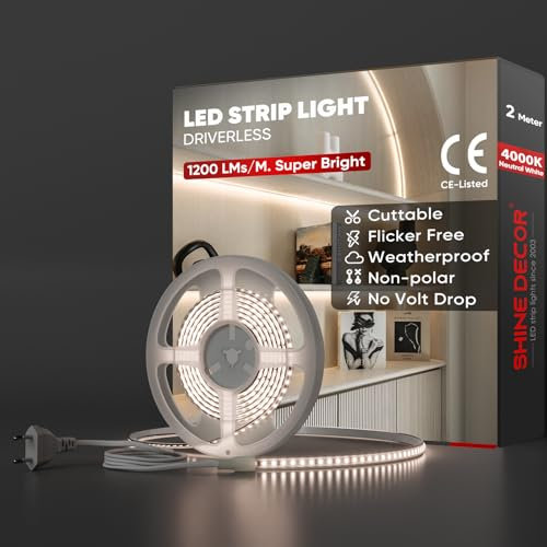 Shine Decor 2m Bande Lumineuse LED, 220V Autocollante Silicone Bande LED étanche IP65, SMD 2835 120 leds/m Ultra Haute Luminosité pour Décoration Maison Cuisine Jardin Eclairage LED (Blanc Naturel)