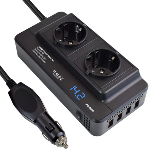 Inversor de Corriente 200W Convertidor Transformador 12V a 220V Onda Modificada Cargador Adaptador Mechero Coche a Enchufe con 2 AC Salidas, 4 Puertos USB y Pantalla Digital