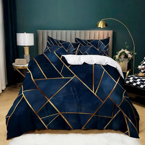 Navy Blue Duvet Cover Sets Gold geometric pattern Microfiber Quilt Cover Set with Zipper Closure and Corner Ties, 3D Print Double Bedding Set 200x200 cm with 2 Pillowcases