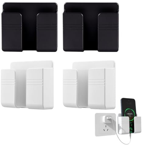 EYVRPAU 4 PEZZI Supporto da Parete per Telefono Scatola Portaoggetti Multiuso Supporto di Ricarica con Adesivo Foro per Cavo Dati per Doccia Impermeabile Letto Comodino (Nero)