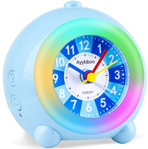 Ayybboo Wecker Kinder Analog Ohne Ticken Mädchen Jungen,Kinderwecker mit Buntes Nachtlicht,Snooze,6 Klingeltöne,Einstellbarer Lautstärke,Lernwecker für Schulanfänger (Blau)