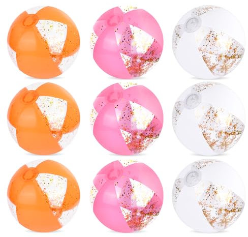 Glovios Pelota Playa Hinchable, 9 Piezas Lentejuelas Bola Hinchable, Pelota Playa Inflable de Colores para Juguetes de Playa Verano Piscina y Fiesta