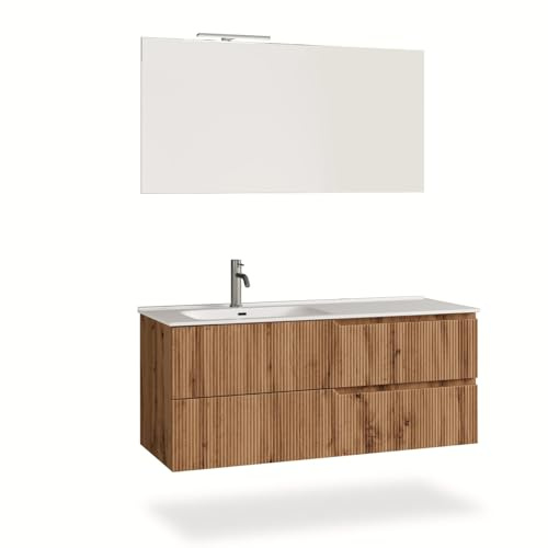 AQA DESIGN mobile bagno composizione lavandino bagno, mobile bagno con lavabo, base sospesa con frontali in MDF cannettato, nr2 cassetti con scorrimento - Rovere miele - 121x46,5x190 cm