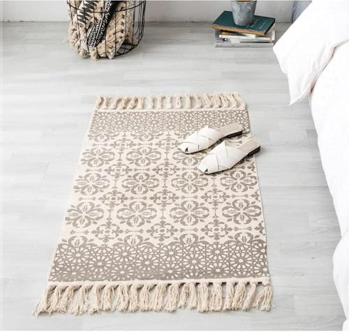 INKAROBOX Teppiche aus Baumwolle mit Quaste Gewebte Baumwolle Wurf Teppich Läufer für Küche, Wohnzimmer, Schlafzimmer, Waschküche, Eingangsbereich (Blumen, 60x130cm)