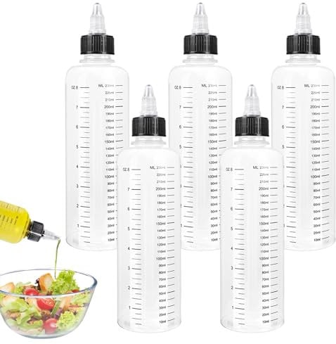 Flacon à Presser, 5 Pièces 250ml Bouteille à Condiments Avec Embout Pivotant, Bouteilles D'arômes Transparentes avec Échelle Graduée, pour Sauce Soja, Vinaigrette, Huile, Sauce Tomate(Couvercle Noir)