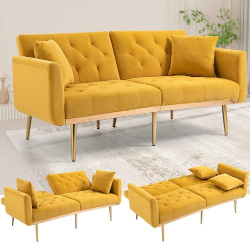 LIFEISLE Klappbares Schlafsofa mit Verstellbarer Rückenlehne, Couch mit Schlaffunktion Bettsofa Loungesofa für Wohnzimmer,Schlafzimmer,Samt Gelb