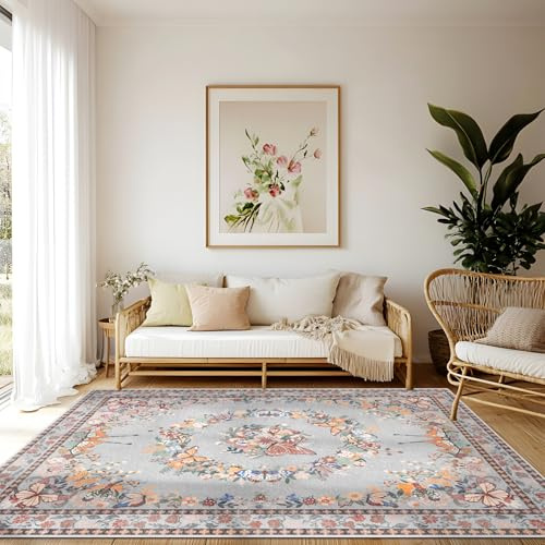 Teppich Wohnzimmer Waschbarer, Blumen Kurzflor Teppich Großer, Weicher Vintage Schlafzimmer Teppiche Waschbar Rutschfest & Pflegeleicht Design für Esszimmer Büro Bereich Dekor Grau Größe 160x230cm
