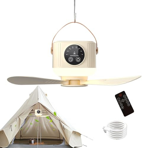 Ventilato a Soffitto Portatile con Illuminazione e Telecomando - Ventilatore Leggero 3600 mAh per Raffreddamento Esterno con Freve
